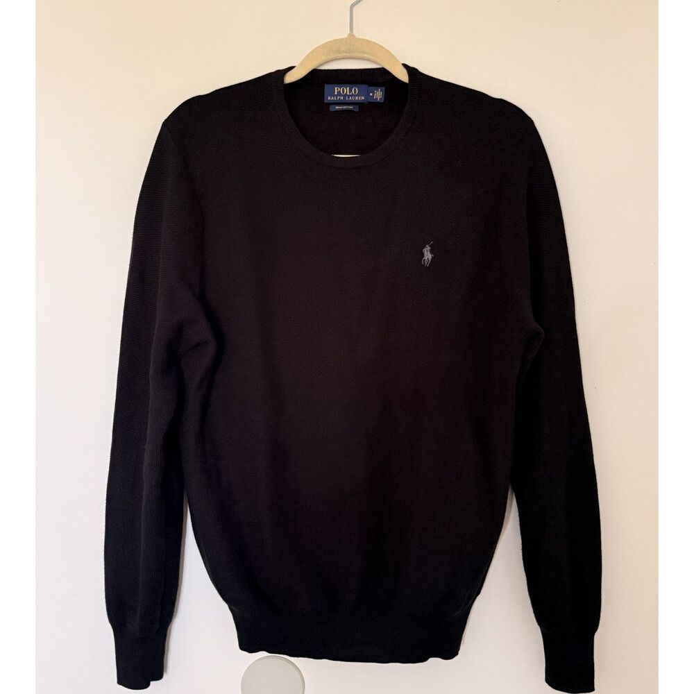 Polo Ralph Lauren Black Pima Cotton Crew Neck Embroidered Pony Knit Sweater Sz M